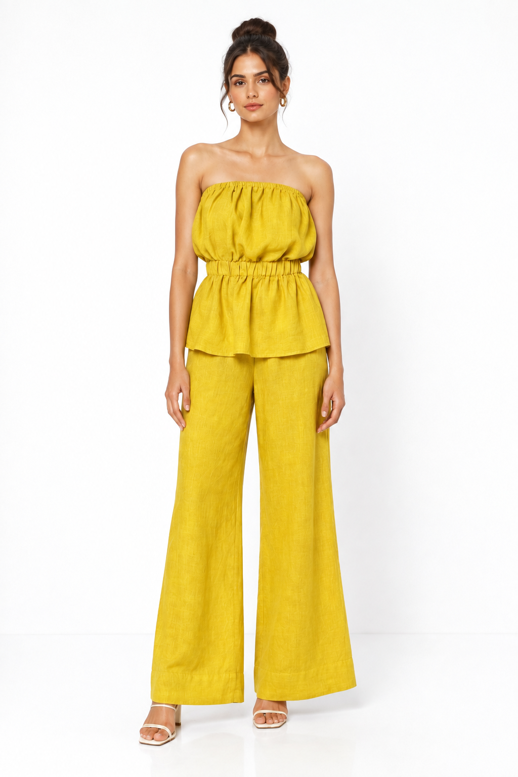 Hiranyam yellow linen off-shoulder top and wide-leg pants set for women