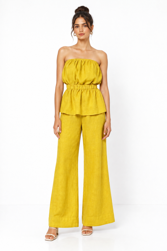 Hiranyam yellow linen off-shoulder top and wide-leg pants set for women