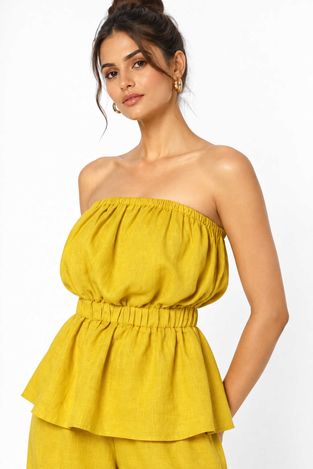 Hiranyam yellow off-shoulder linen top close-up for women