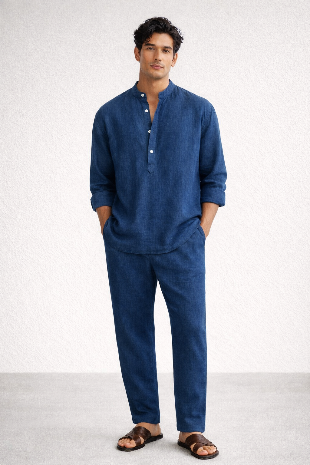 Indus linen short kurta set for men – front view in pure linen