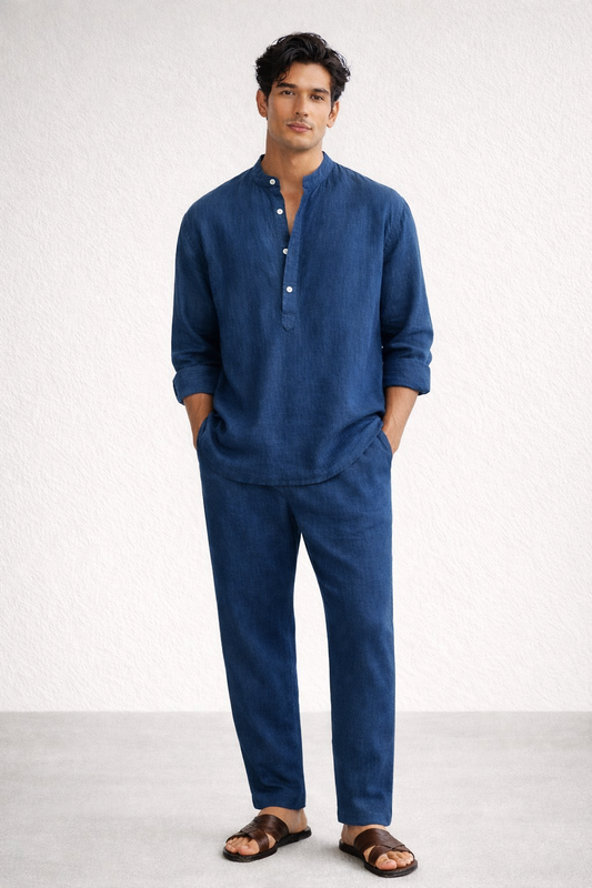 Indus linen short kurta set for men – front view in pure linen