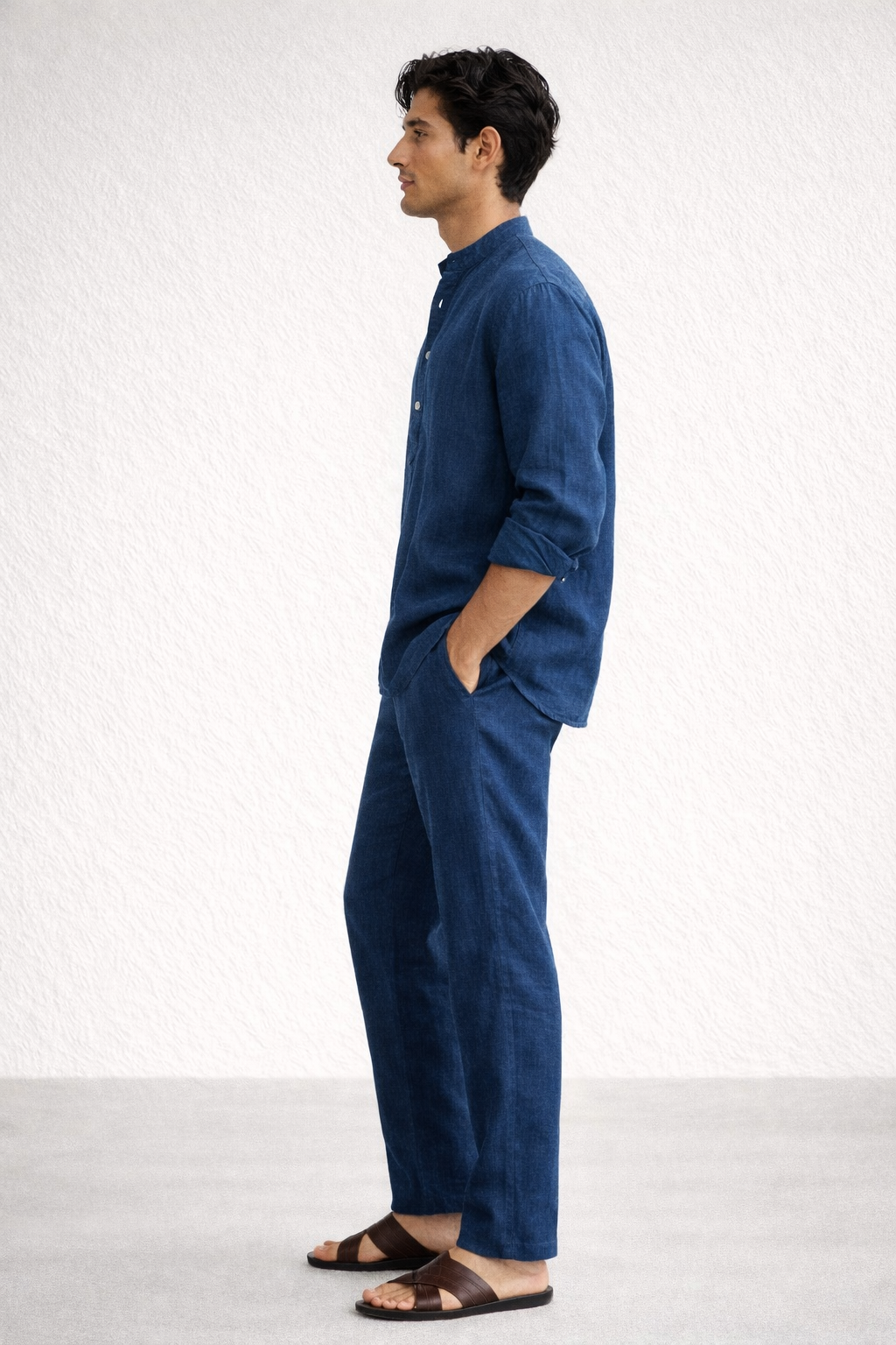 Side view of Indus linen short kurta set for men