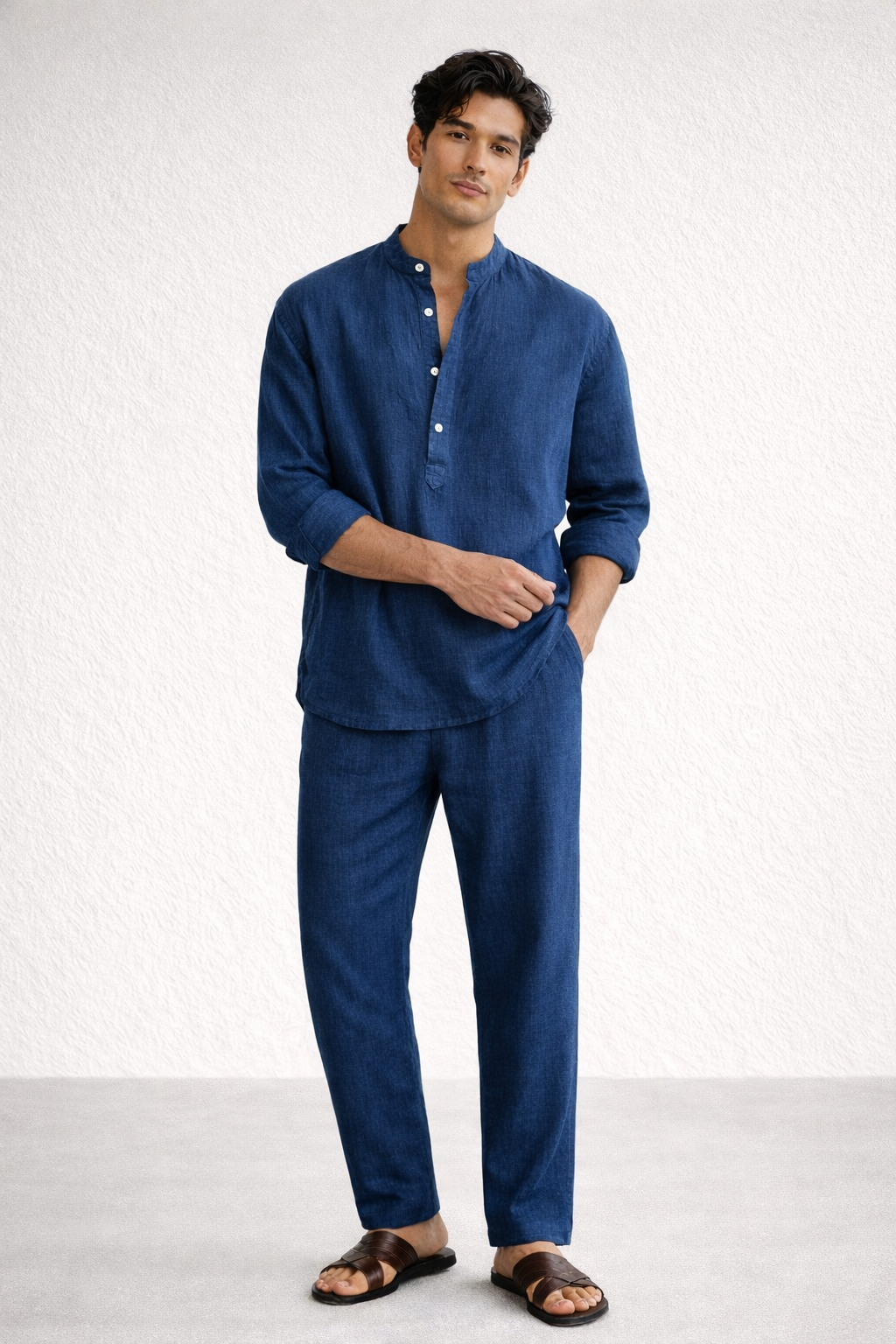 Indus linen short kurta set for men – styled
