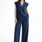 Ira Neel linen co-ord set for women featuring a sleeveless vest and high-waist wide-leg pants in deep neel blue