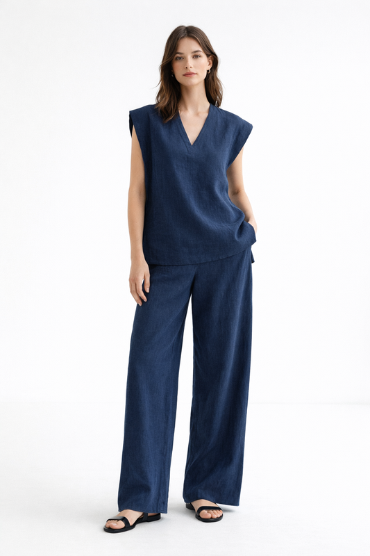Ira Neel linen co-ord set for women featuring a sleeveless vest and high-waist wide-leg pants in deep neel blue