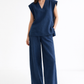 Ira Neel linen co-ord set for women featuring a sleeveless vest and high-waist wide-leg pants in deep neel blue stlyed