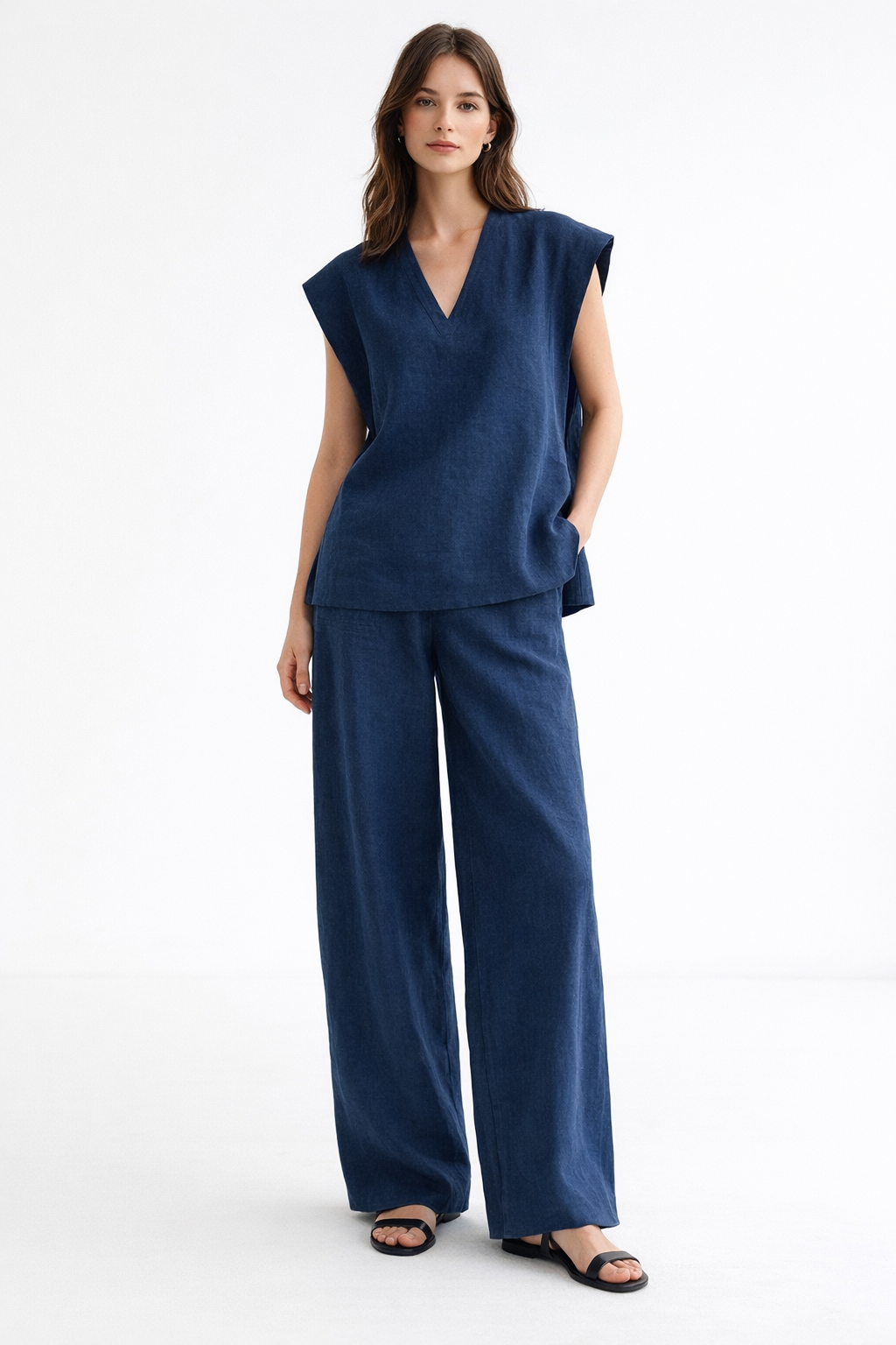 Ira Neel linen co-ord set for women featuring a sleeveless vest and high-waist wide-leg pants in deep neel blue stlyed
