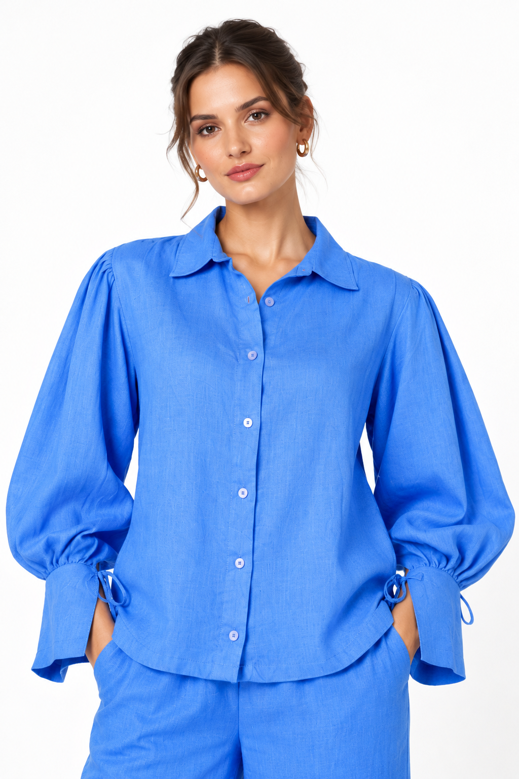 Jalneel Chalk Blue Linen Shirt – close-up view with puff sleeves and collar