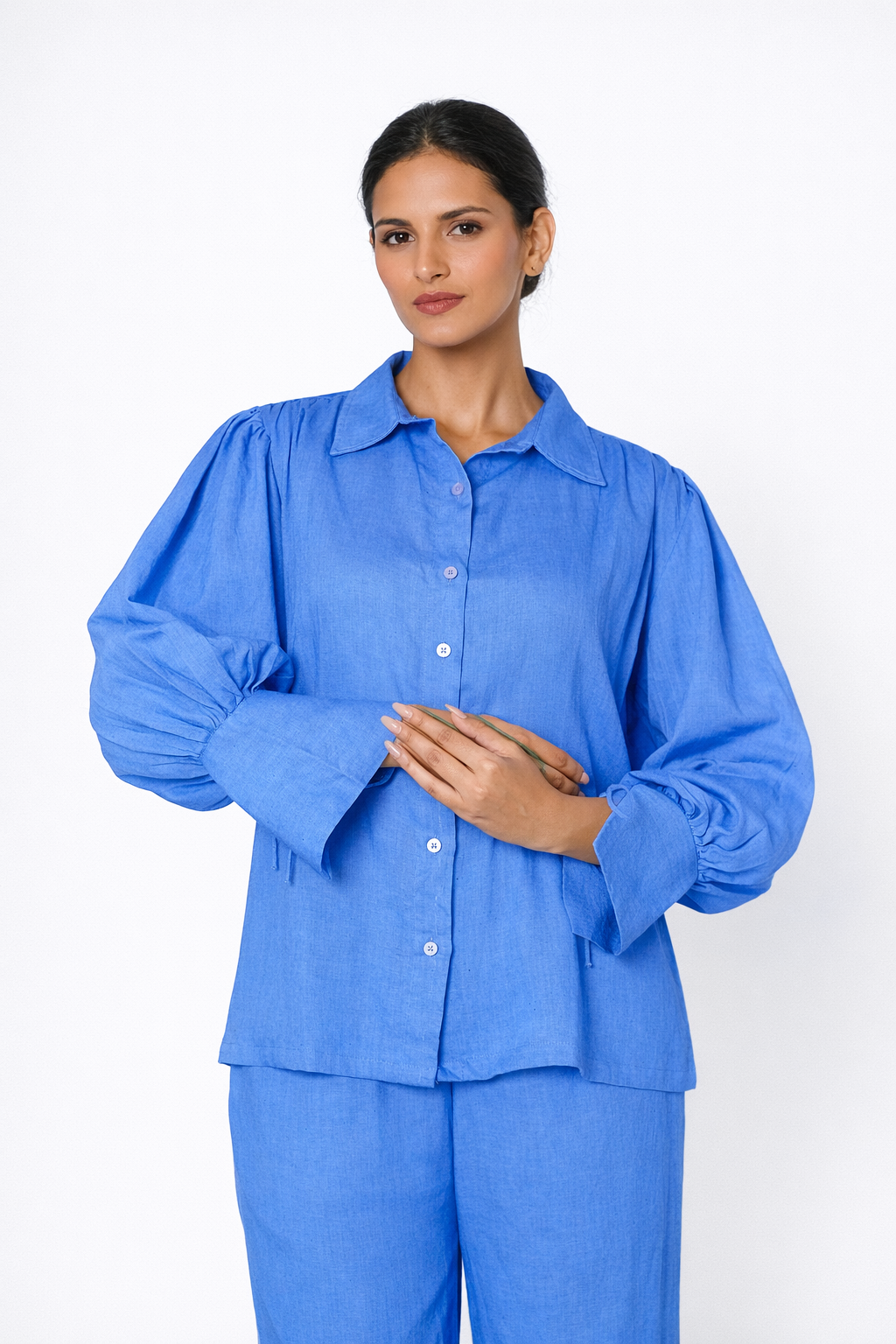 Puff Sleeve Detail – Jalneel Linen Shirt in Chalk Blue Linen Set for Women