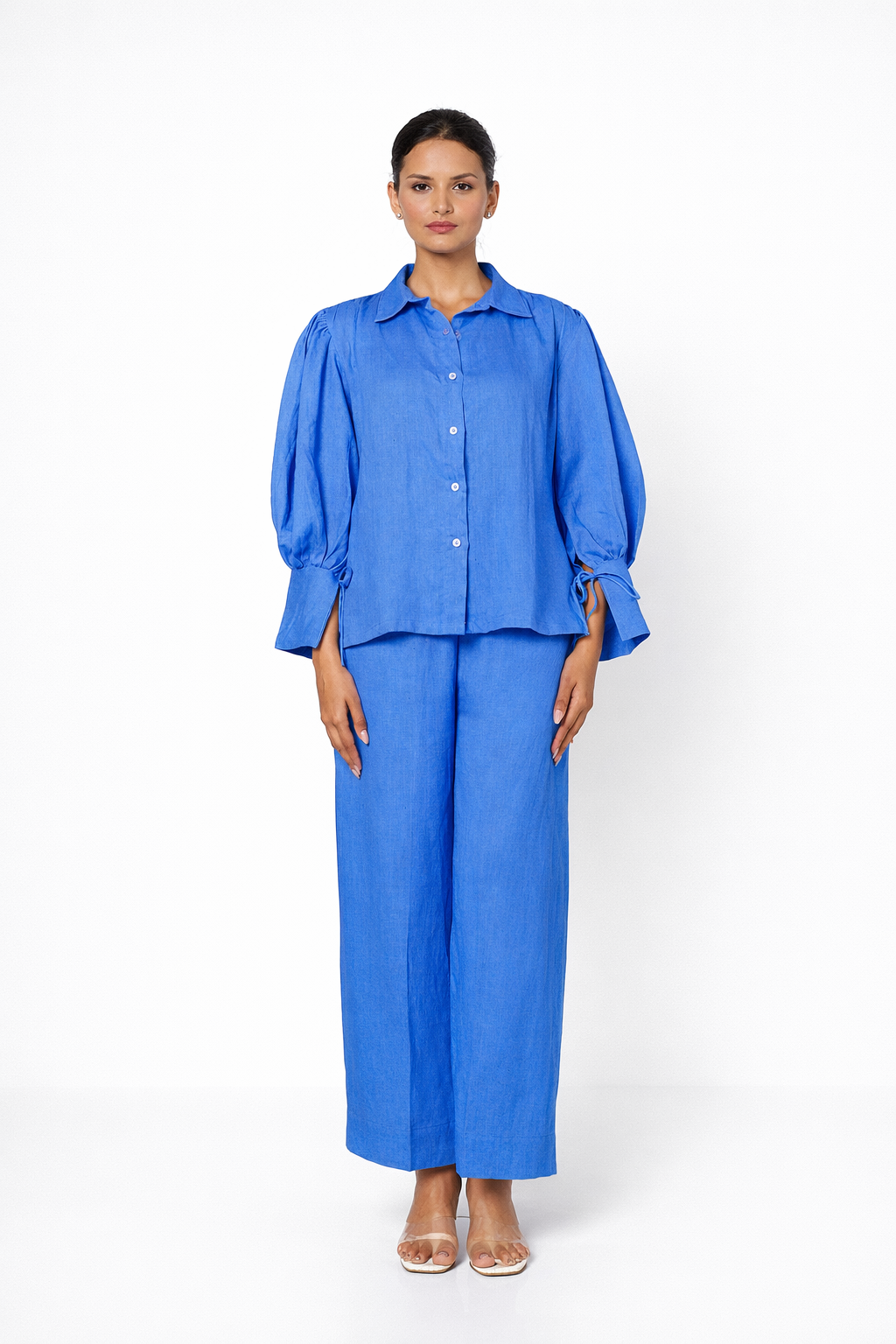 Jalneel Linen Set – Chalk Blue Linen Outfit Set for Women Front View