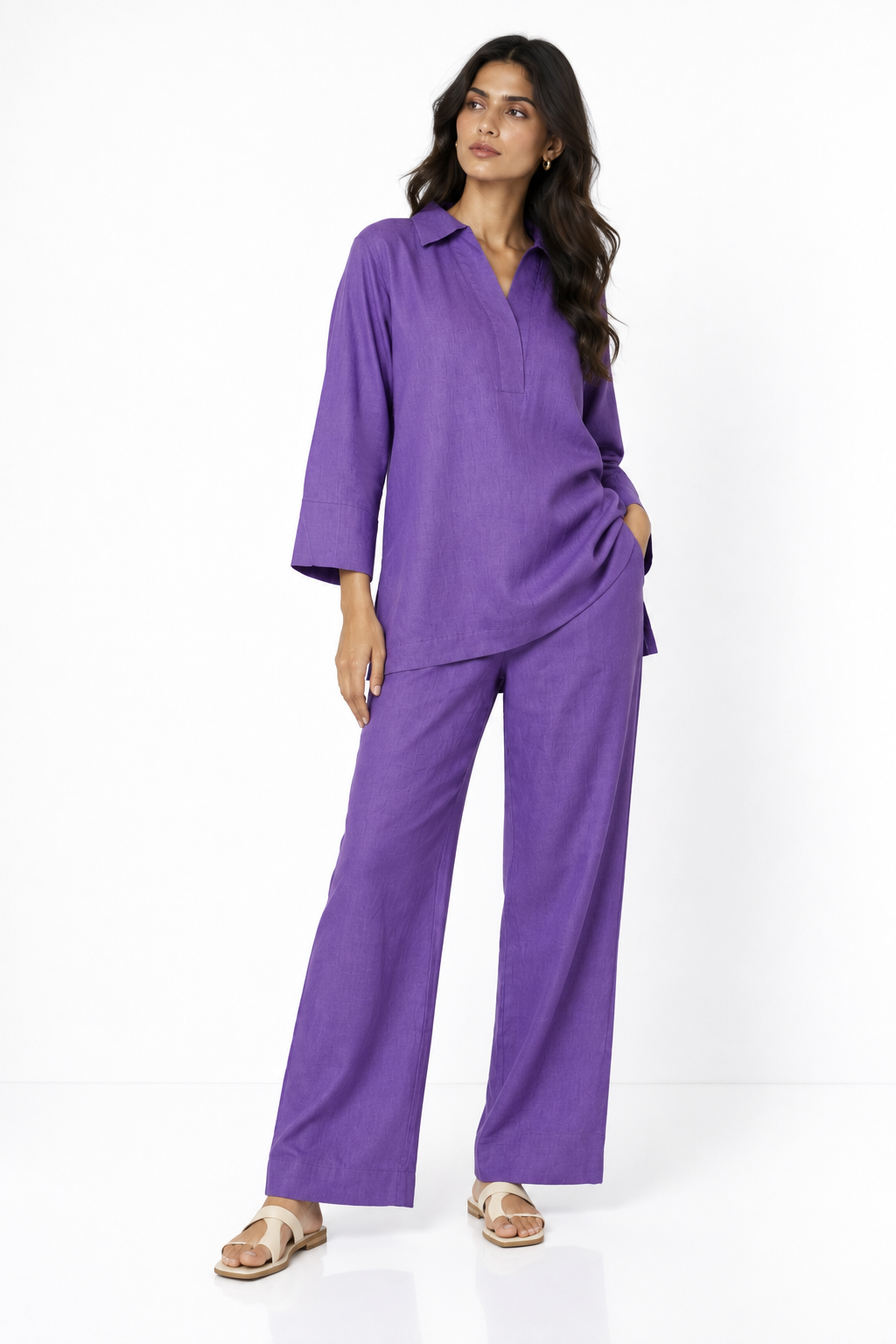 Jamuni linen kurta set for women angled full-length view