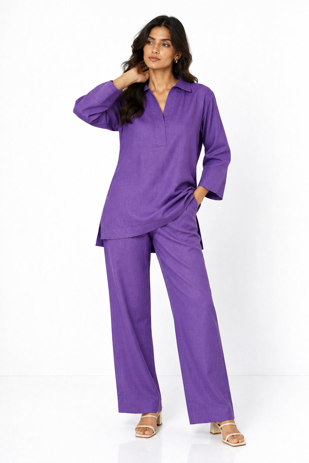 Jamuni linen kurta set for women styled full-length look with wide-leg pants
