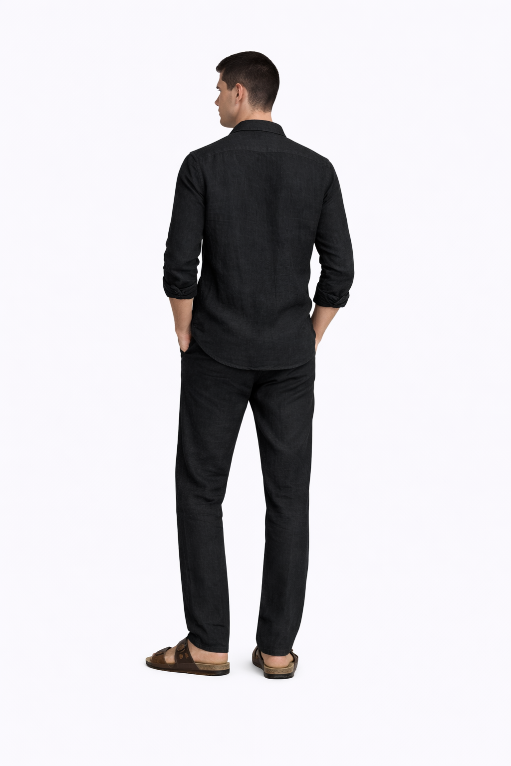 Back view of Kaal Pure Linen Set for men in black