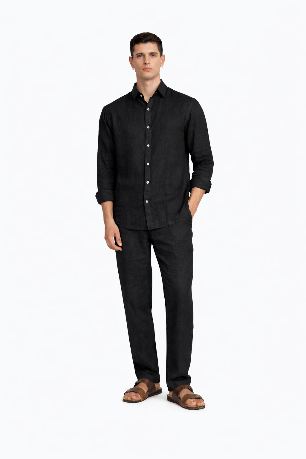 Black pure linen co-ord set for men – Kaal Pure Linen Set front view