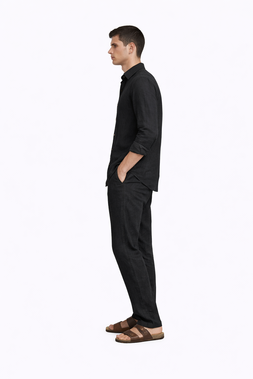 Side view of black pure linen shirt and trouser set for men