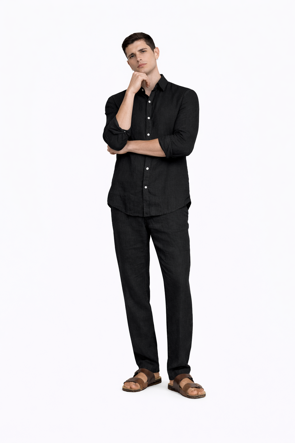Men styling black linen co-ord set for modern summer wear