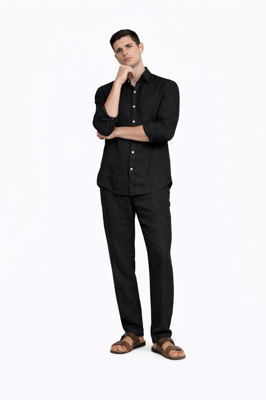 Men styling black linen co-ord set for modern summer wear