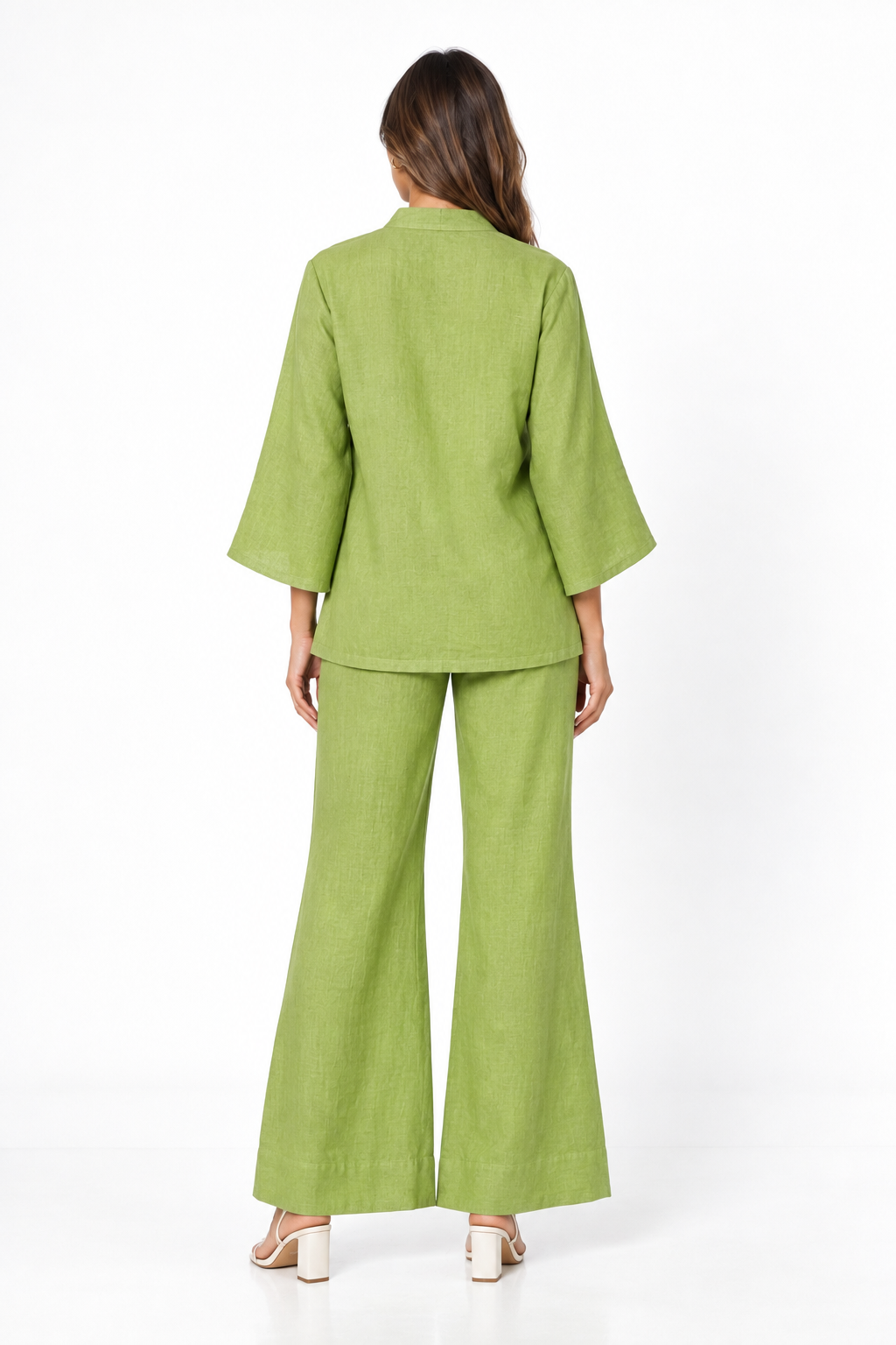 Kadamb lime green linen kimono set for women back view