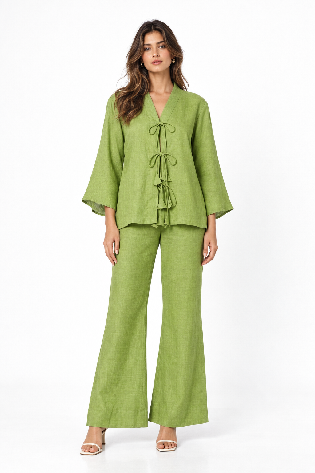 Kadamb lime green linen kimono set for women front view