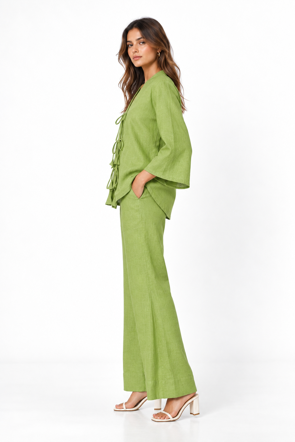 Kadamb lime green linen kimono set for women side view