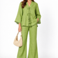 Kadamb lime green linen kimono set for women with handbag