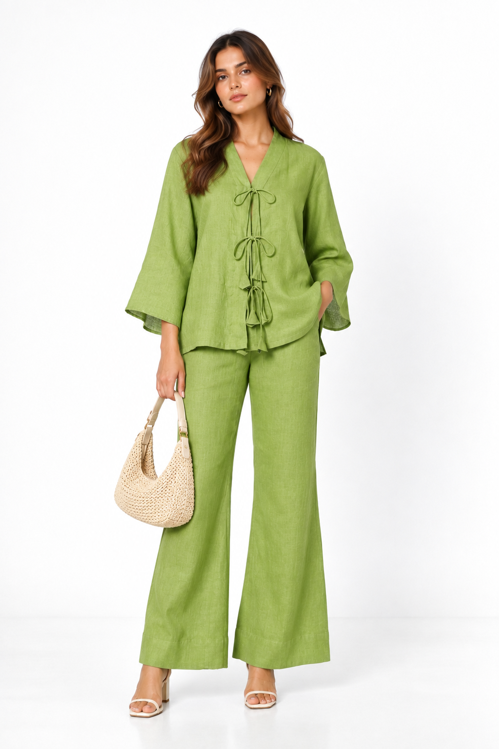 Kadamb lime green linen kimono set for women with handbag