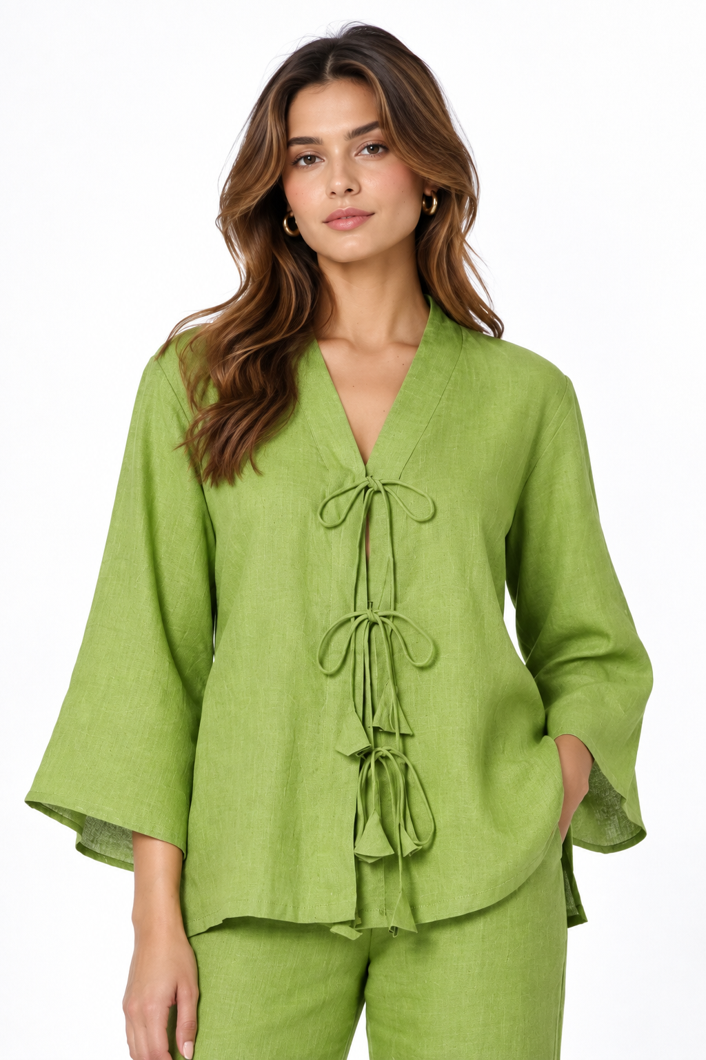 Kadamb lime green linen kimono top close-up for women