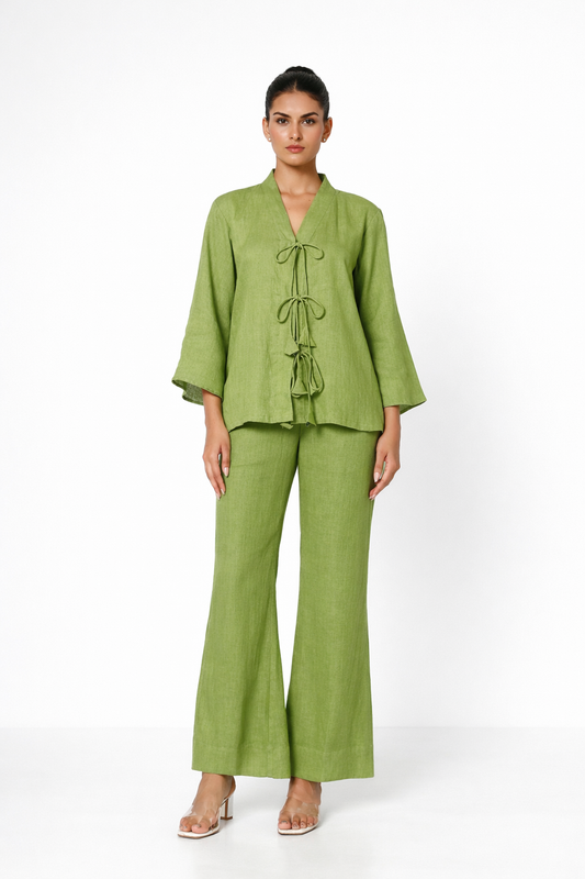 Kadamb Linen Limono Set – Women’s Lime Green Linen Outfit Set Front View