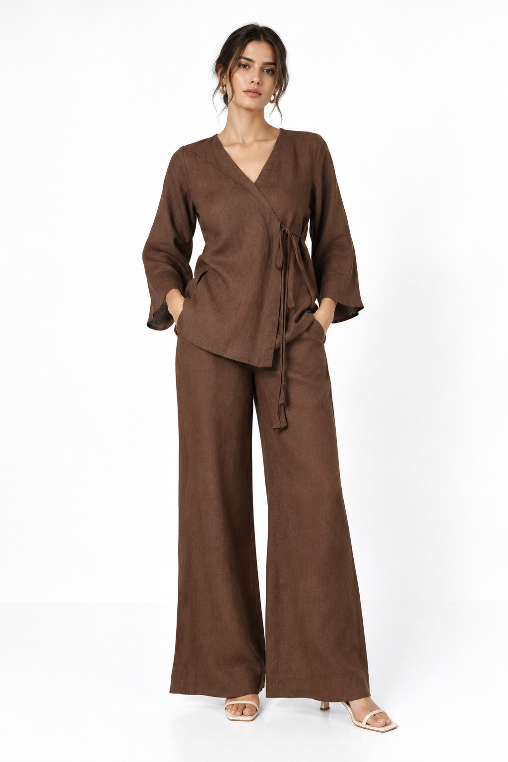 Kaha linen wrap top and wide-leg pants set for women
