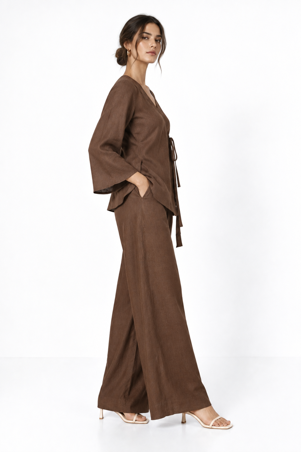 Kaha brown linen wrap set for women side view