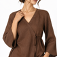 Kaha brown linen wrap top with V-neck and waist tie detail