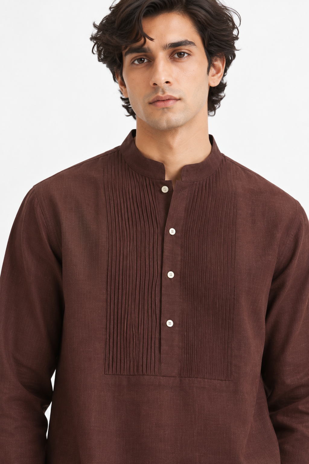 Kahwa linen kurta with pintuck detailing and ivory buttons