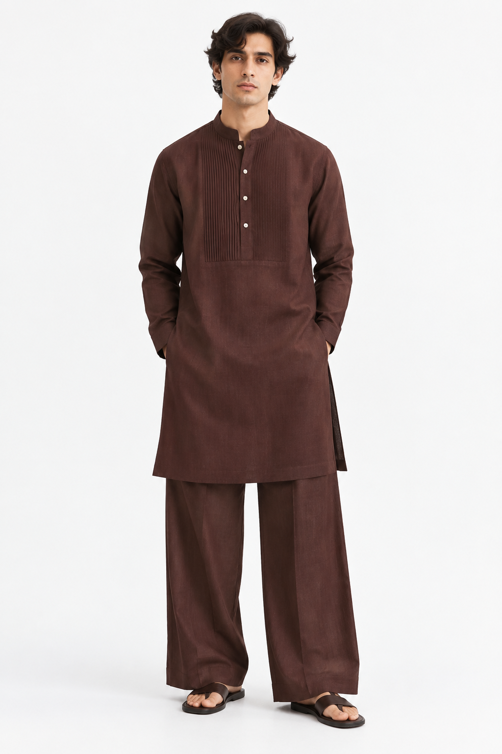 Kahwa coffee brown linen set for men front view