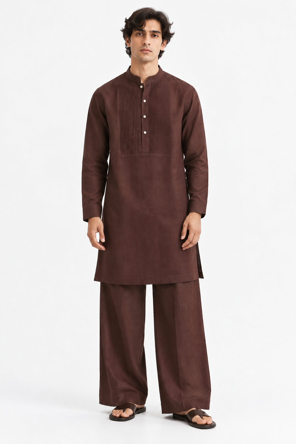 Kahwa linen kurta set for men in coffee brown