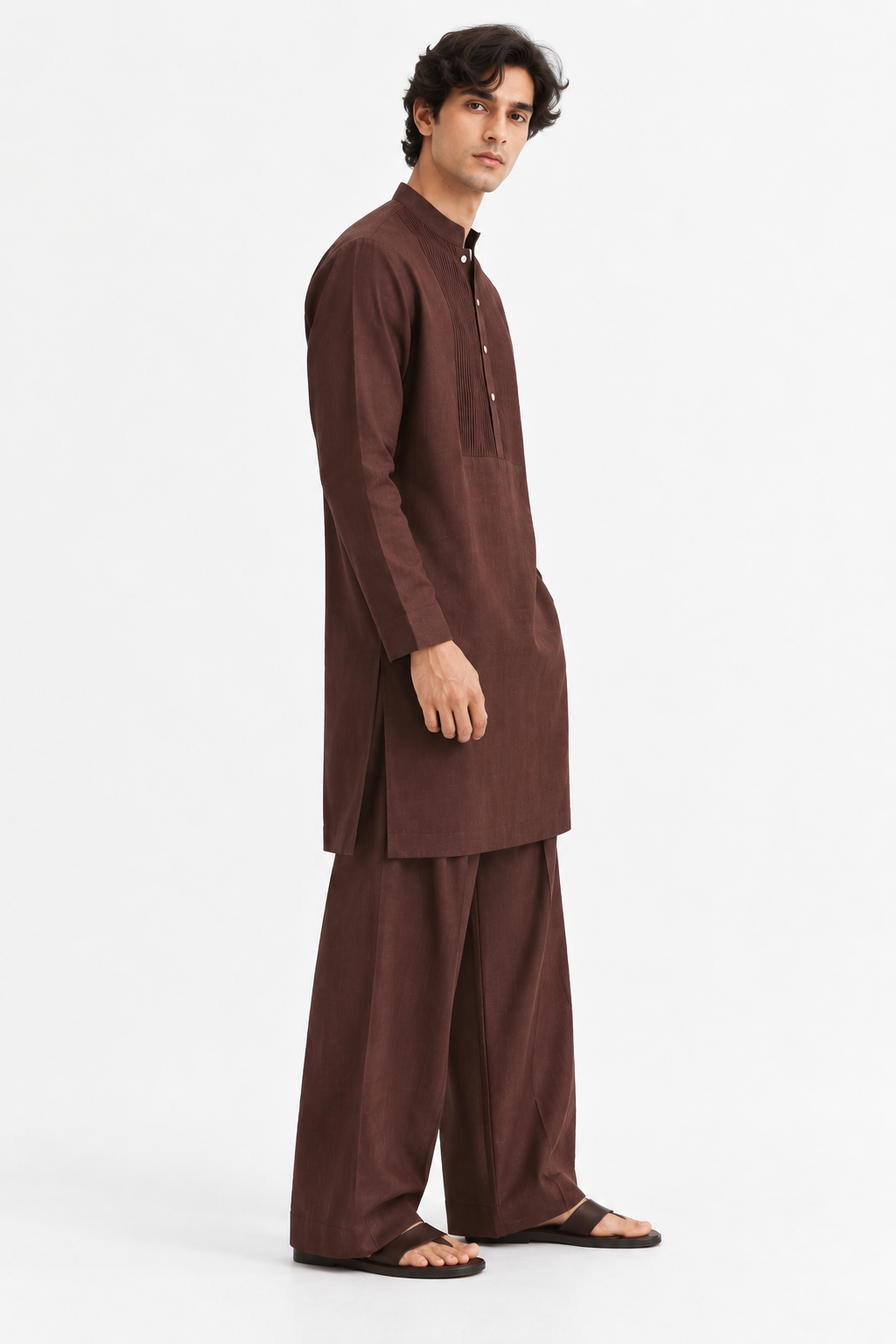 Kahwa coffee brown linen kurta set side view