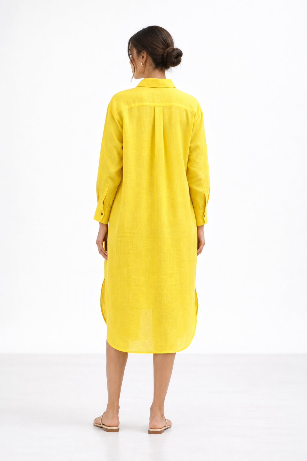 Kanak women's yellow linen shirt dress back view