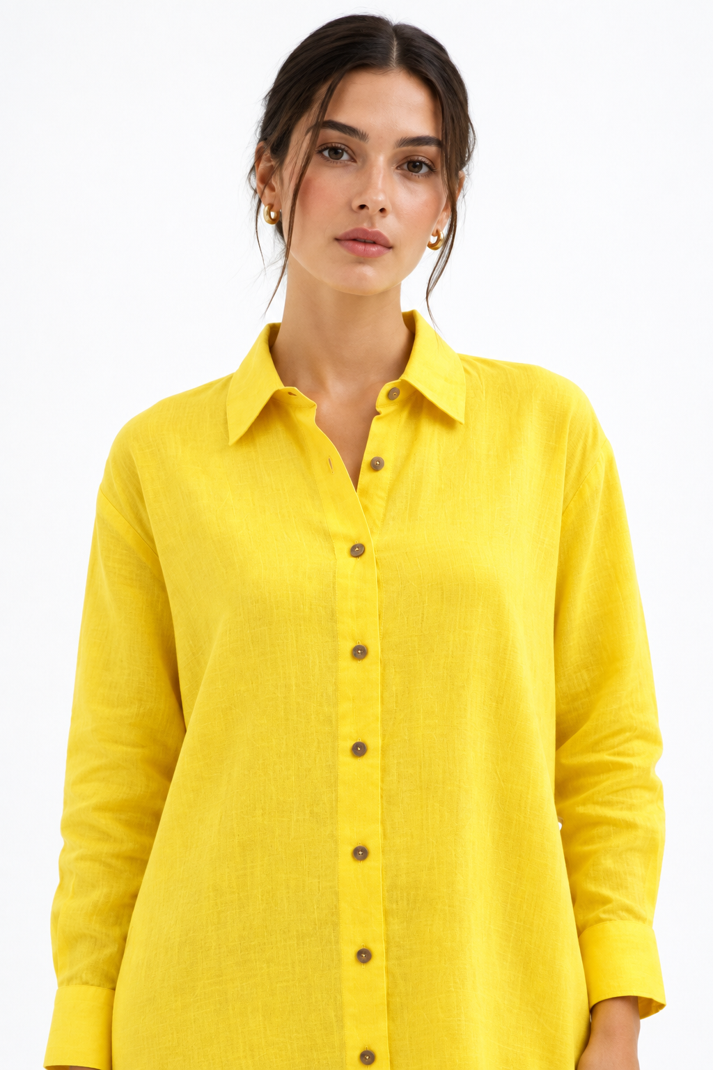 Kanak women's yellow linen shirt dress close-up view