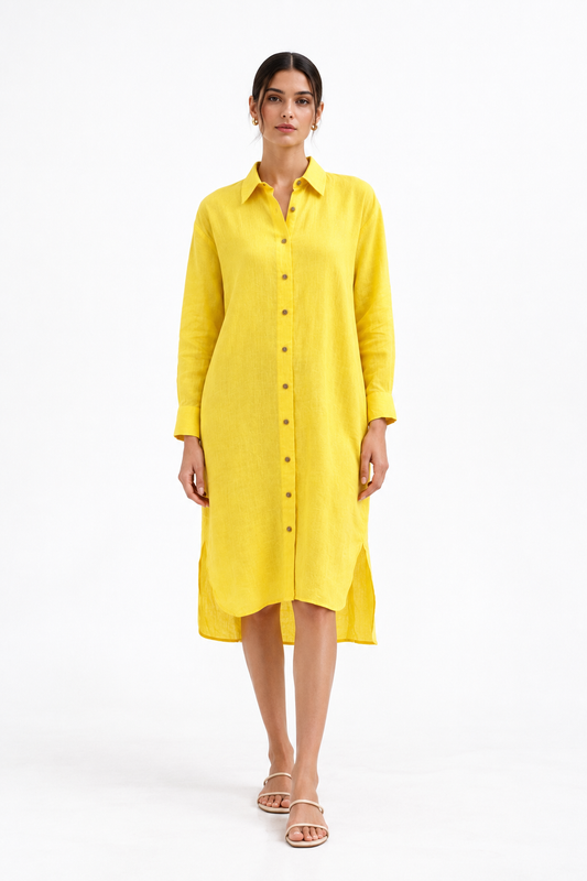 Kanak women's yellow linen shirt dress front view