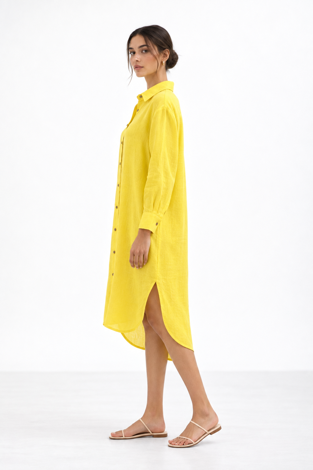 Kanak women's yellow linen shirt dress side view