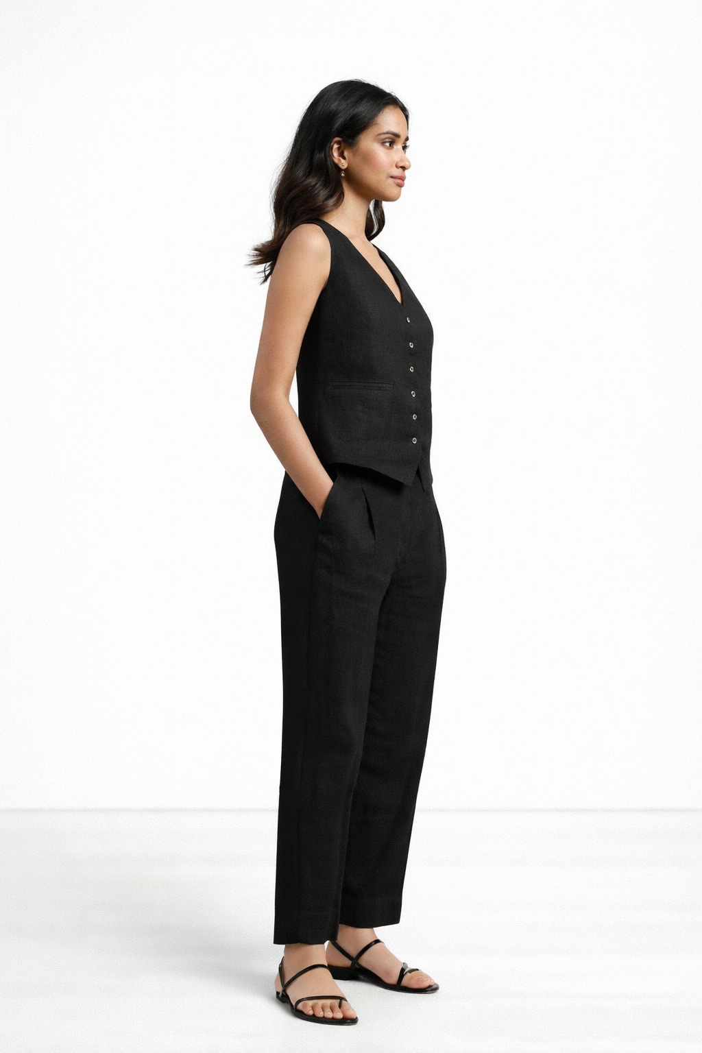 Side profile of Kari linen vest and trousers set