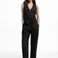 Kari linen vest set for women – black linen vest and high waist pants front view