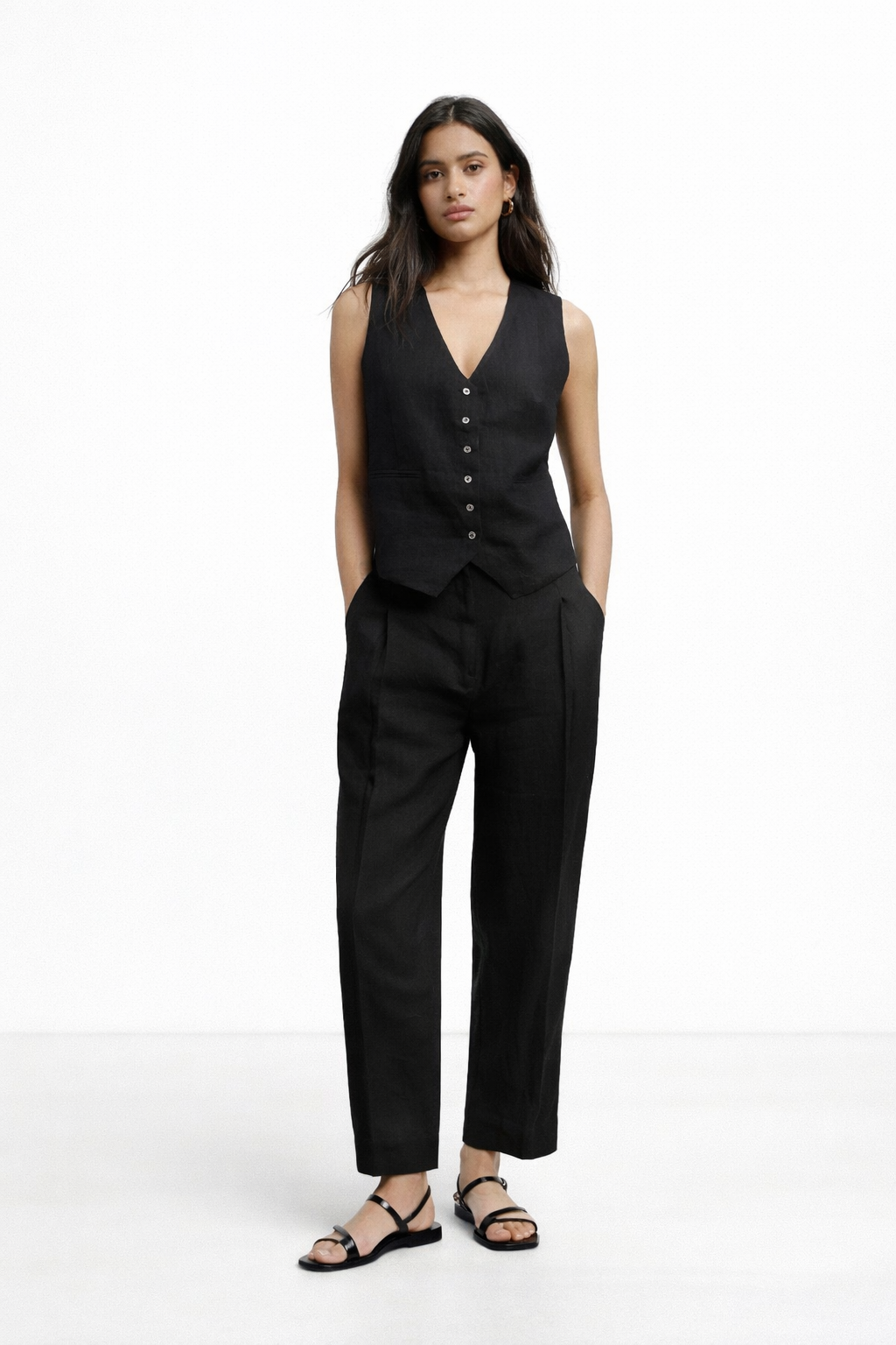 Kari linen vest set for women – black linen vest and high waist pants front view