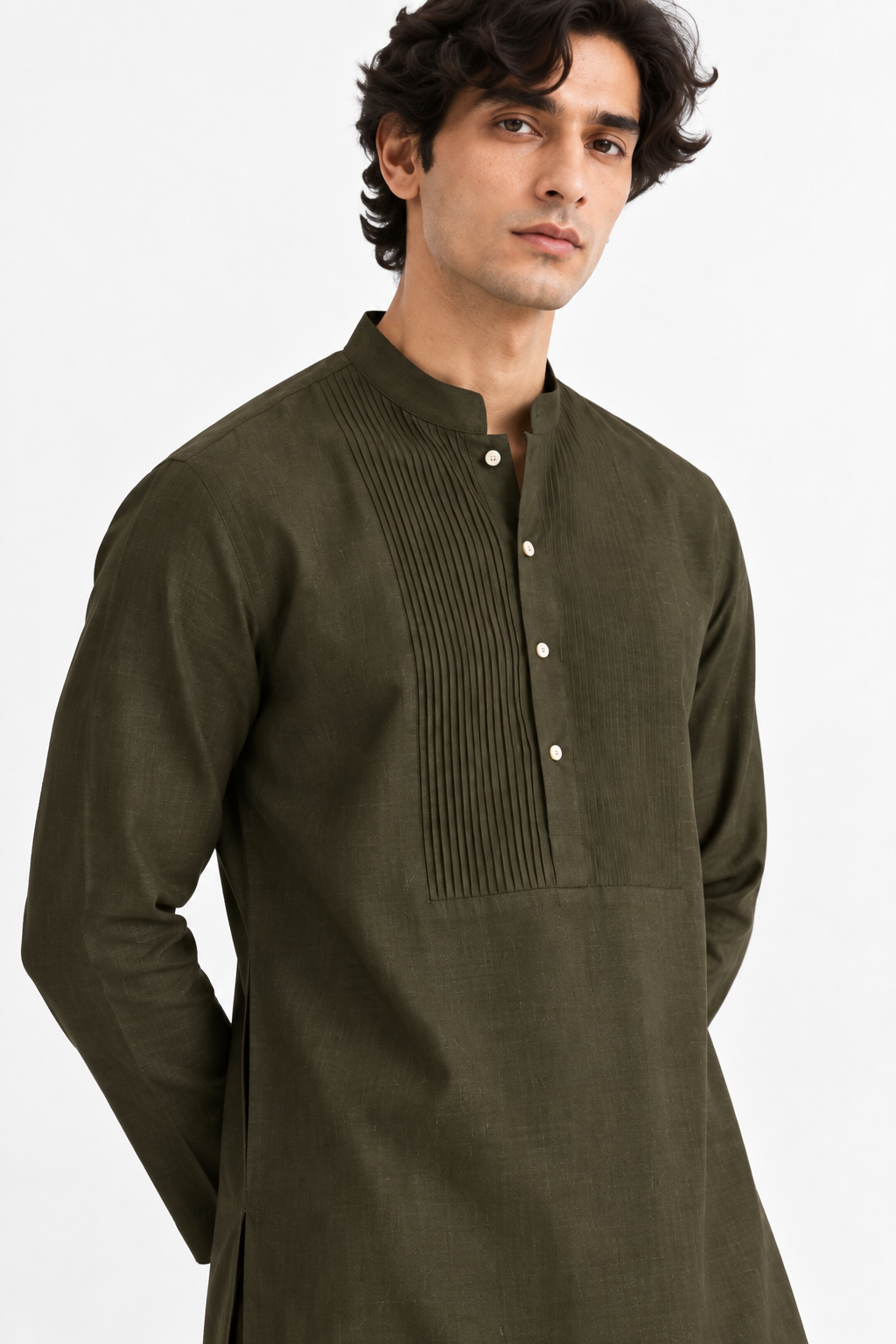 Close-up of Khaak linen kurta showing pintuck chest detailing and buttons