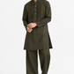 Khaak linen kurta set for men in deep olive with mandarin collar