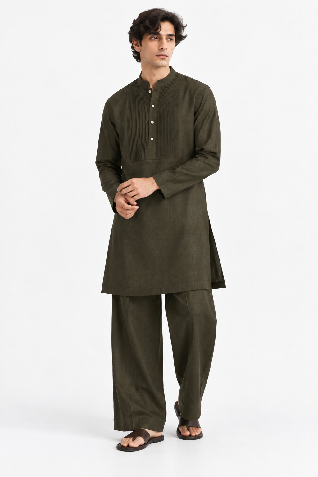 Khaak linen kurta set for men in deep olive with mandarin collar