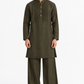 Khaak deep olive linen set for men with pintuck kurta and wide-leg trousers