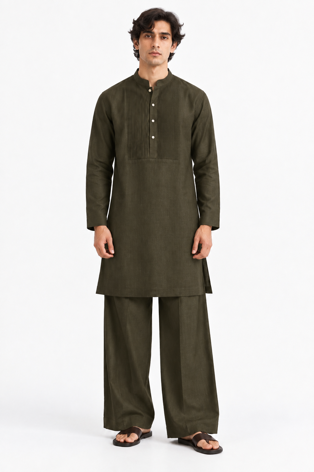 Khaak deep olive linen set for men with pintuck kurta and wide-leg trousers