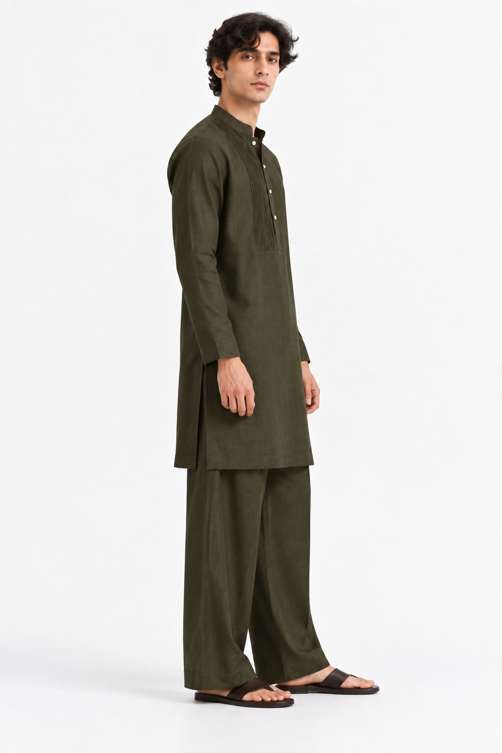 Side view of Khaak deep olive linen kurta set for men