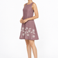 Lavanya A-Line Linen Dress for Women in mauve linen with floral embroidery – 45 degree view