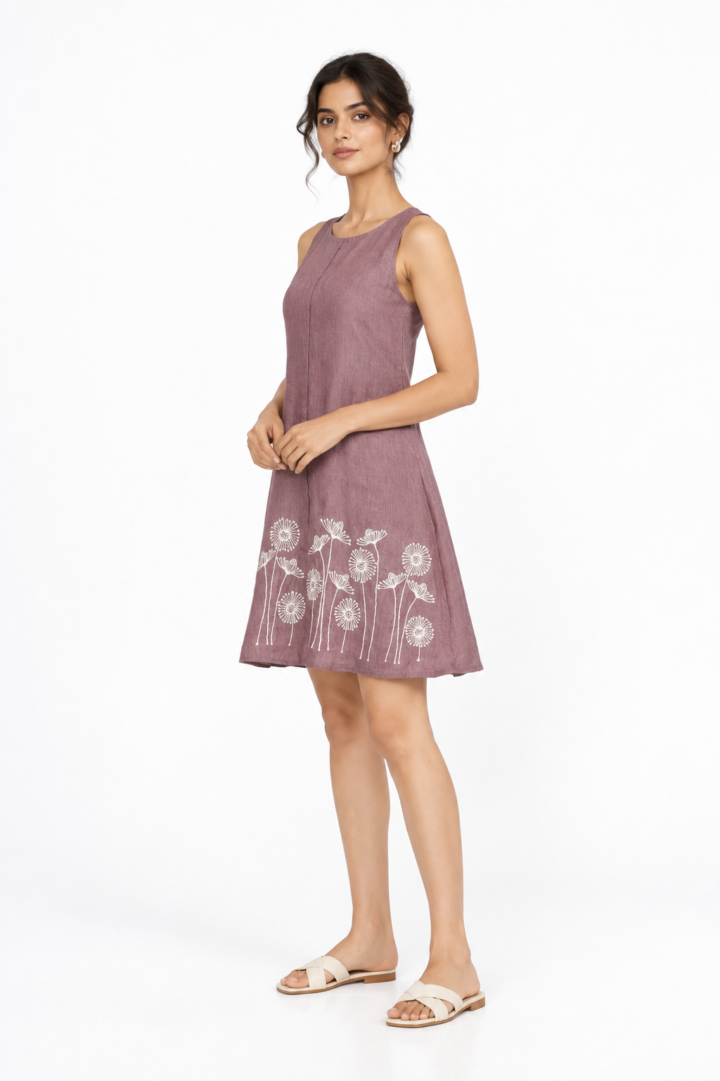 Lavanya A-Line Linen Dress for Women in mauve linen with floral embroidery – 45 degree view
